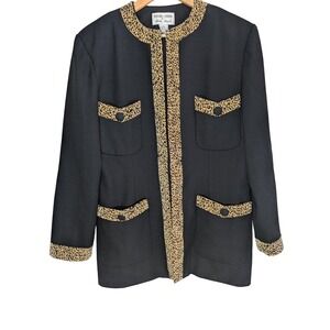 Focus 2000 Charles Glueck Wool Leopard Print Trim Blazer Jacket Black Size 12